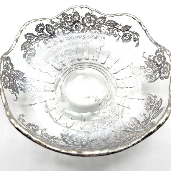 Vintage Silver Overlay Clear Glass Candy Dish Bowl Flowers Bowl Scalloped Edge - Picture 1 of 9